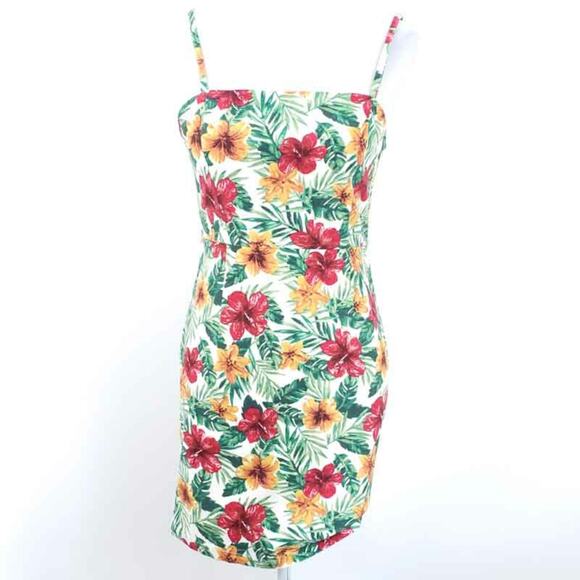 F21 Floral Hawaiian Dress Spaghetti Strap Medium Juniors Bodycon Floral Stretchy - Picture 1 of 7